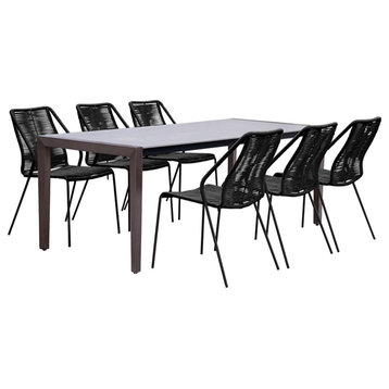 Armen Living Fineline and Clip 7PC Fabric Outdoor Dining Set in Brown/Black