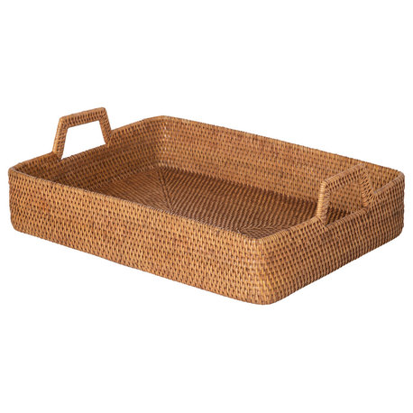 Loma Rectangular Rattan High Wall Serving Tray, Honey Brown