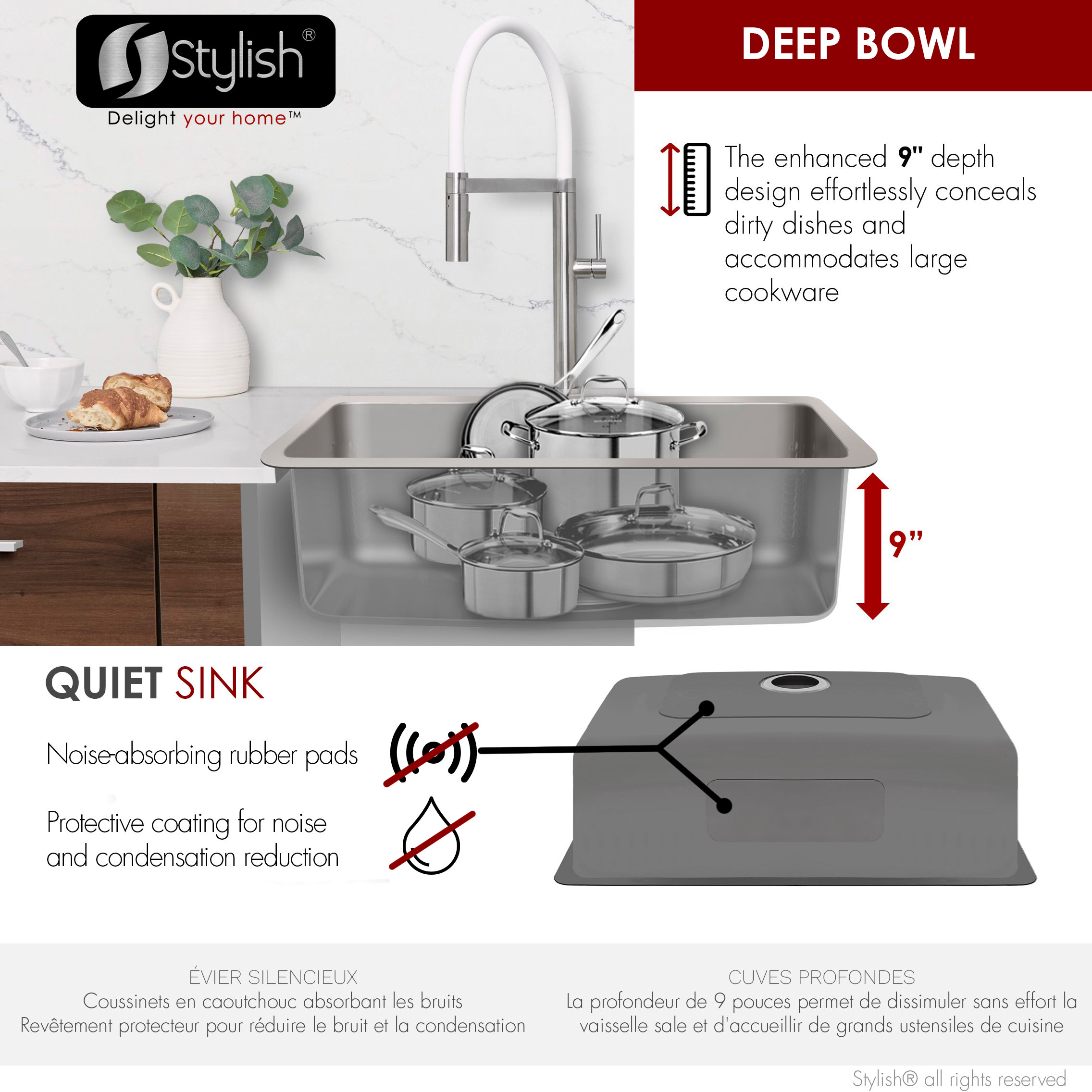 STYLISH 30 inch Single Bowl Dual Mount Stainless Steel 18 Gauge Kitchen Sink