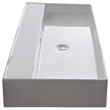 Rectangular White Ceramic Wall Mounted or Vessel Sink, No Hole