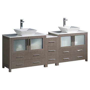 Torino 84" Gray Oak Modern Double Sink Bathroom Cabinets w/ Tops & Vessel Sinks