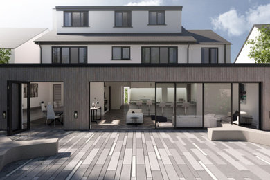 Inspiration for a large contemporary detached house in West Midlands with three floors, wood cladding, a flat roof, a grey roof and board and batten cladding.