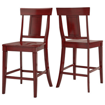 2 Pack Farmhouse Counter Stool, Rubberwood Frame & Contoured Seat, Antique Red