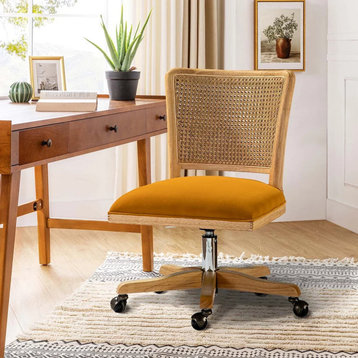 Unique Armless Office Chair, Swiveling Cushioned Seat & Rattan Backrest, Yellow