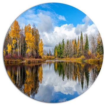 Nice Autumn Trees With Forest Lake, Landscape Disc Metal Artwork, 23"