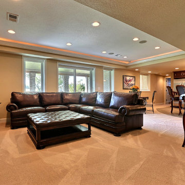 Open Basement Concept in Centennial, CO with tray ceilings and stacked stone