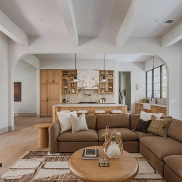 Warm Transitional Living Room with Brown Sectional + Open Concept Flow