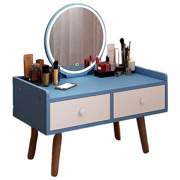 Light Dressing Table With LED Mirror and Wood Legs, Blue, Led Mirror