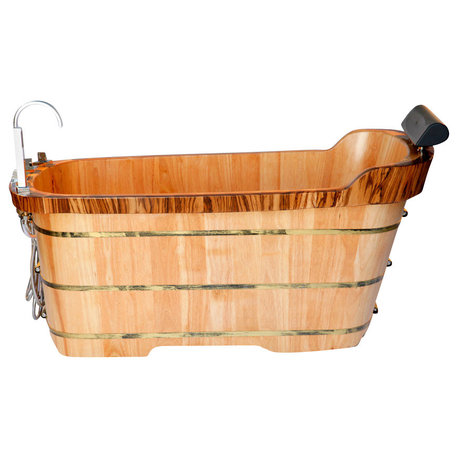 59" Free Standing Oak Wood Bath Tub With Chrome Tub Filler