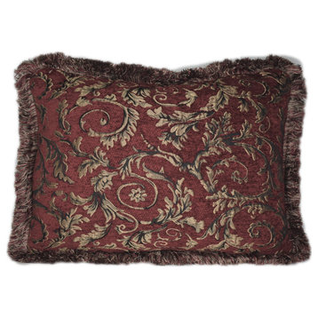 Red Gold Chenille Floral Throw Pillow With Fringe, 14x21