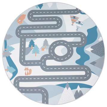 Kids Rug Non-Slip Play Mat With Snow Landscape & Roads, Blue Cream, 6'7" Round