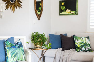 Inspiration for a small transitional open concept living room in Brisbane with grey walls, carpet, a wall-mounted tv and beige floor.