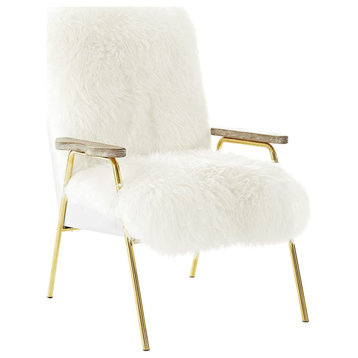 Modern Accent Chair, Vinyl Upholstery With Unique Sheepskin Wool Seat, White