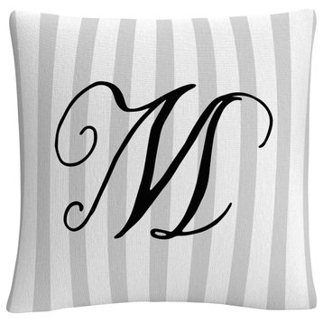 Gray Striped Ornate Letter Script M By Abc Decorative Throw Pillow