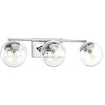 Progress Lighting - Progress Lighting Mod 3-Light Bath - Giving a nod to the space age with mid-century modern appeal, Mod features a sleek linear frame in a Polished Chrome finish. Clear, spherical glass shades offer the perfect focal point for vintage bulbs or reflector-style globes. This three-light fixture can be used in the bath and vanity works with wide variety of styles.