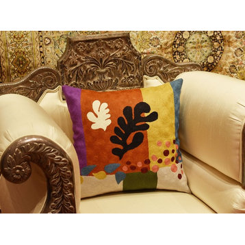 Matisse Coral Pillow Cover Cut-Outs III Flower Wool Hand Embroidered 18x18"