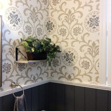 Ship lap wainscoting in powder room.