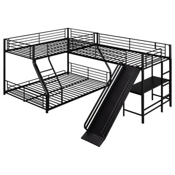 Gewnee L-Shaped Twin over Full Bunk Bed with Twin Size Loft Bed in Black
