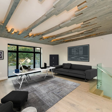 Home Office Under a Staggered Reclaimed Wood Ceiling