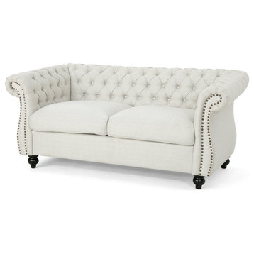 Chesterfield Loveseat, Birchwood Legs With Tufted Back & Rolled Arms, Beige