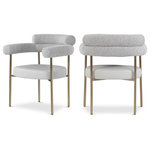 Meridian Furniture - Blake Upholstered Dining Chair, Taupe, Leather/Fabric, Brushed Brass, Set of 2 - Comfort comes to mealtime with this Blake boucle fabric and vegan leather dining chair. This lovely chair is just the right choice for your modern dining room, with its curved back that cradles you in comfort while you wine and dine the night away. A thickly padded soft lack vegan leather seat lends this chair a sleek, upscale look while ensuring its ongoing performance and beauty. The chair's brushed brass finish protects its all-metal iron frame.