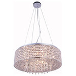 Elegant Furniture & Lighting - Amelie 10-Light Chrome Pendant - Like a brilliant shining star, the Amelie collection of hanging fixtures emits dazzling light from a bejeweled circular band, accented with gleaming strands of royal-cut crystals pouring through the open center. This chrome-finished ring surrounds four to 10 lights (not included) that highlight the intricate pattern of miniature circles that embellish the sides and bottom of the frame. In natural light, or with electricity, this sparkling hanging light would become a stunning showpiece for your space.