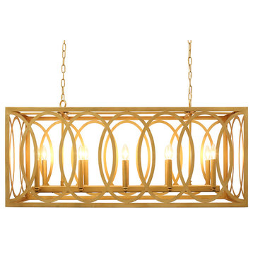 Chatrie Large Rectangular Distressed Gold Chandelier, 45" WIDE
