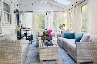 Sunroom - mid-sized eclectic carpeted and gray floor sunroom idea in Boston with no fireplace and a skylight