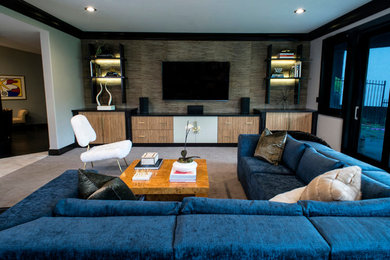 Family room - mid-sized contemporary open concept carpeted family room idea in Other with gray walls, no fireplace and a wall-mounted tv