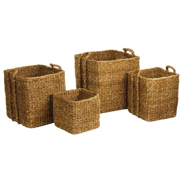 Set of 4 Square Woven Sea Grass Storage Baskets Large Natural Handles 21 17 15in