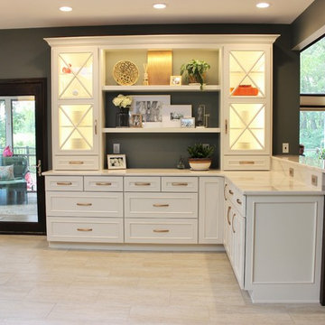 Rustic Alder Gray Stained Kitchen with White Hutch and Island
