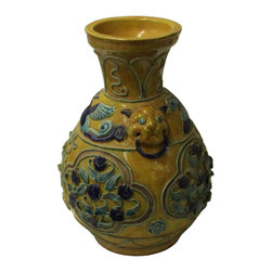 Handmade Ceramic Yellow Blue Dimensional Flower Vase Jar - Vases