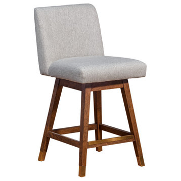 Basila Swivel Counter Stool in Brown Oak Wood Finish with Taupe Fabric