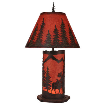 Small Burnt Sienna and Rustic Red Moose Scene Table Lamp With Nightlight