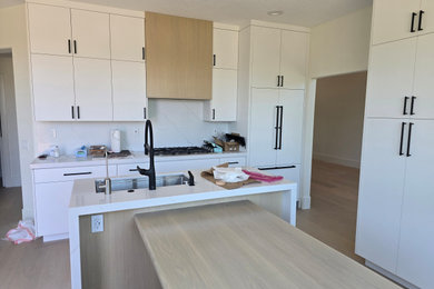 Large l-shaped light wood floor and beige floor enclosed kitchen photo in Orange County with a single-bowl sink, flat-panel cabinets, white cabinets, quartz countertops, white backsplash, quartz backsplash, paneled appliances, an island and white countertops
