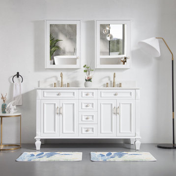 60 In Bath Vanity Set with 2 Mirror Cabinets, Quartz Top, 2 cUPC Certified Sinks, White