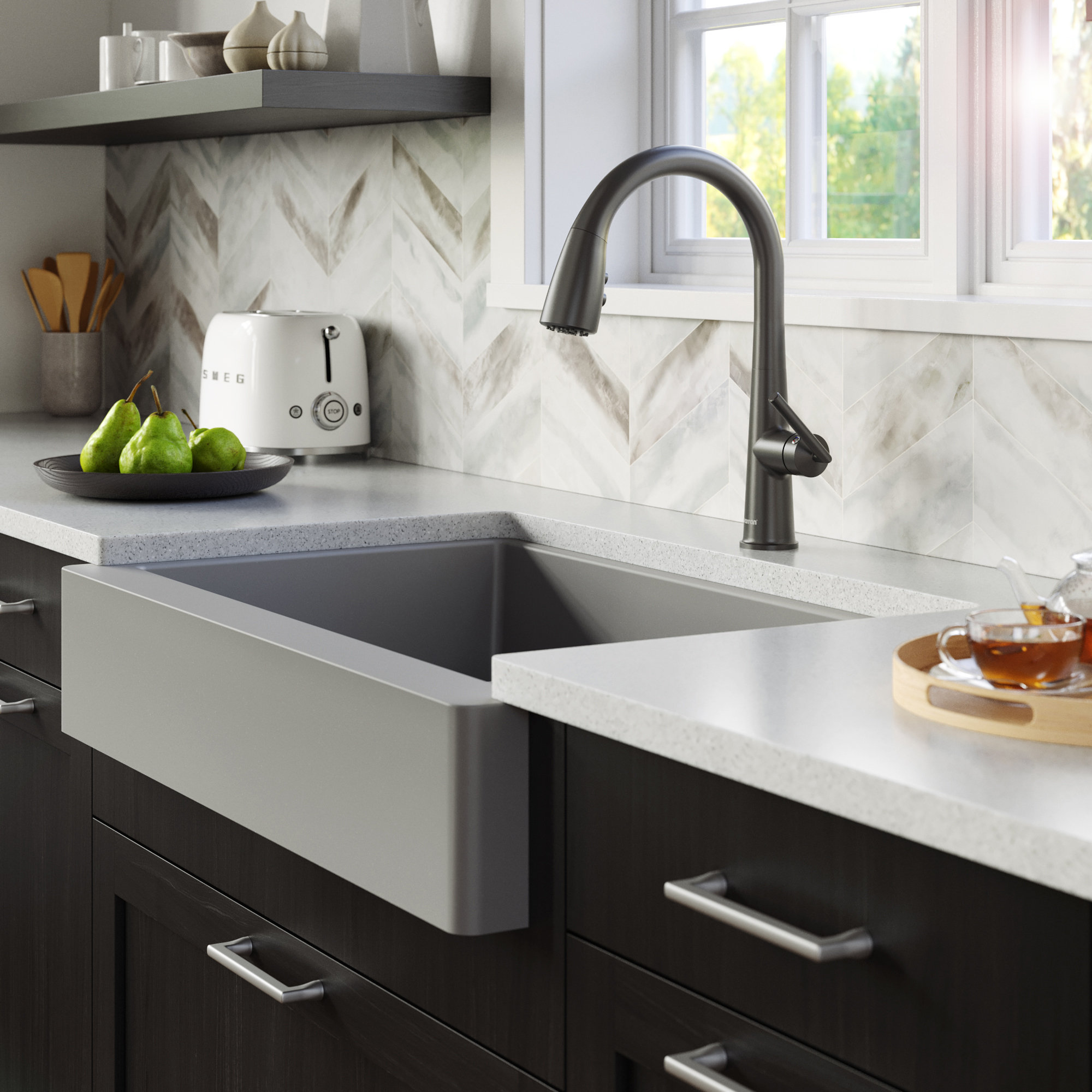 Karran Retrofit Farmhouse Quartz 34" Double Bowl Sink, Grey