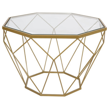 LeisureMod Malibu Small Modern Octagon Glass Top Coffee Table/Gold Chrome Gold