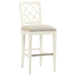 Tommy Bahama Home - Newstead Bar Stool - The standard fabric is a linen weave construction in a light parchment coloration. Other fabrics may be applied to the custom version, see store for details. Design details include the decorative back splat and metal kick plate.