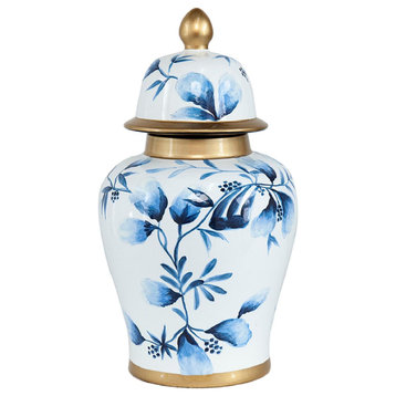 Floral Decorative Jar or Canister, Blue and Gold