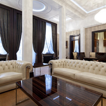 Transitional Art Deco style living room with wood accents