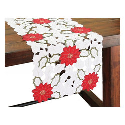 Xia Home Fashions - Holiday Poinsettia Embroidered Cutwork Mini Table Runner, 12x28 - Table Runners