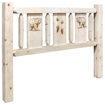 Montana Woodworks Homestead Wood King Headboard with Engraved Bear in Natural