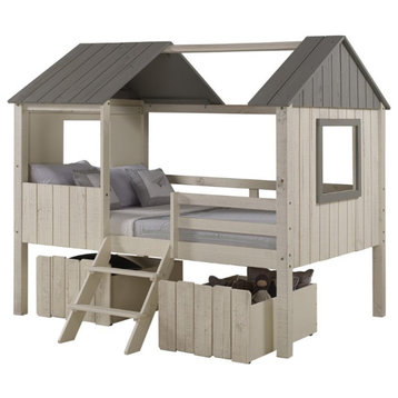 Donco Kids House Full Solid Wood Low Loft Bed With Drawers in Rustic Sand