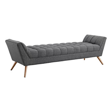 Upholstered Fabric Bench with Tapered Wood Legs, Gray