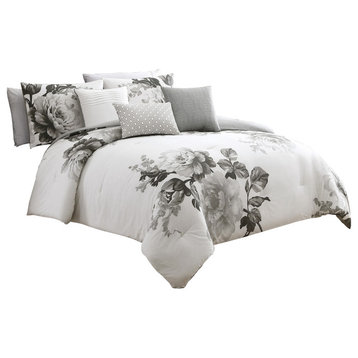 Benzara BM225192 7 Piece Queen Comforter Set with Floral Print, Gray & White
