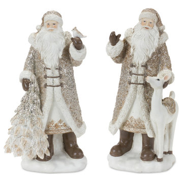 Santa Figurine With Deer and Pine Tree Accents, 2-Piece Set