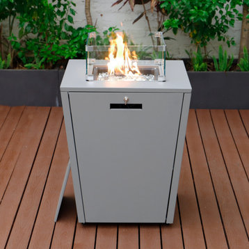 LeisureMod Chelsea Patio Propane Aluminum Fire Pit Side Table With Lid, Grey