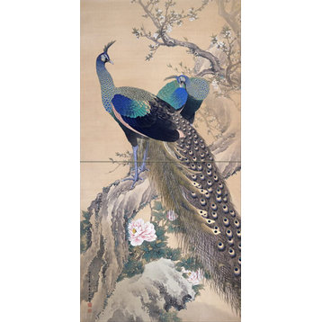 Tile Mural Japanese pattern peacock on sakura Backsplash 8" Ceramic Matte