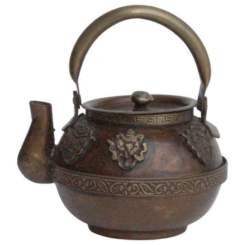 Chinese Metal Bronze Color Relief Motif Accent Teapot Display Hws138